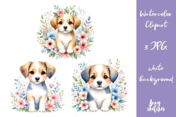 Download 3 Floral Puppies Clipart Watercolor Dog - Art Collection