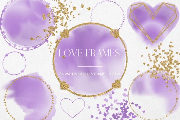Download Purple Watercolor Gold Hearts Frames - Art Collection